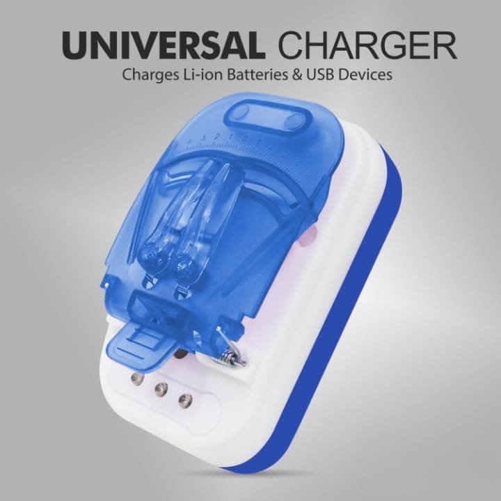 A compact and convenient universal battery charger with adjustable contacts and LED indicators for easy monitoring of charging, battery connection, and full-charge status.”