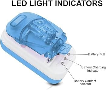 A compact and convenient universal battery charger with adjustable contacts and LED indicators for easy monitoring of charging, battery connection, and full-charge status.”