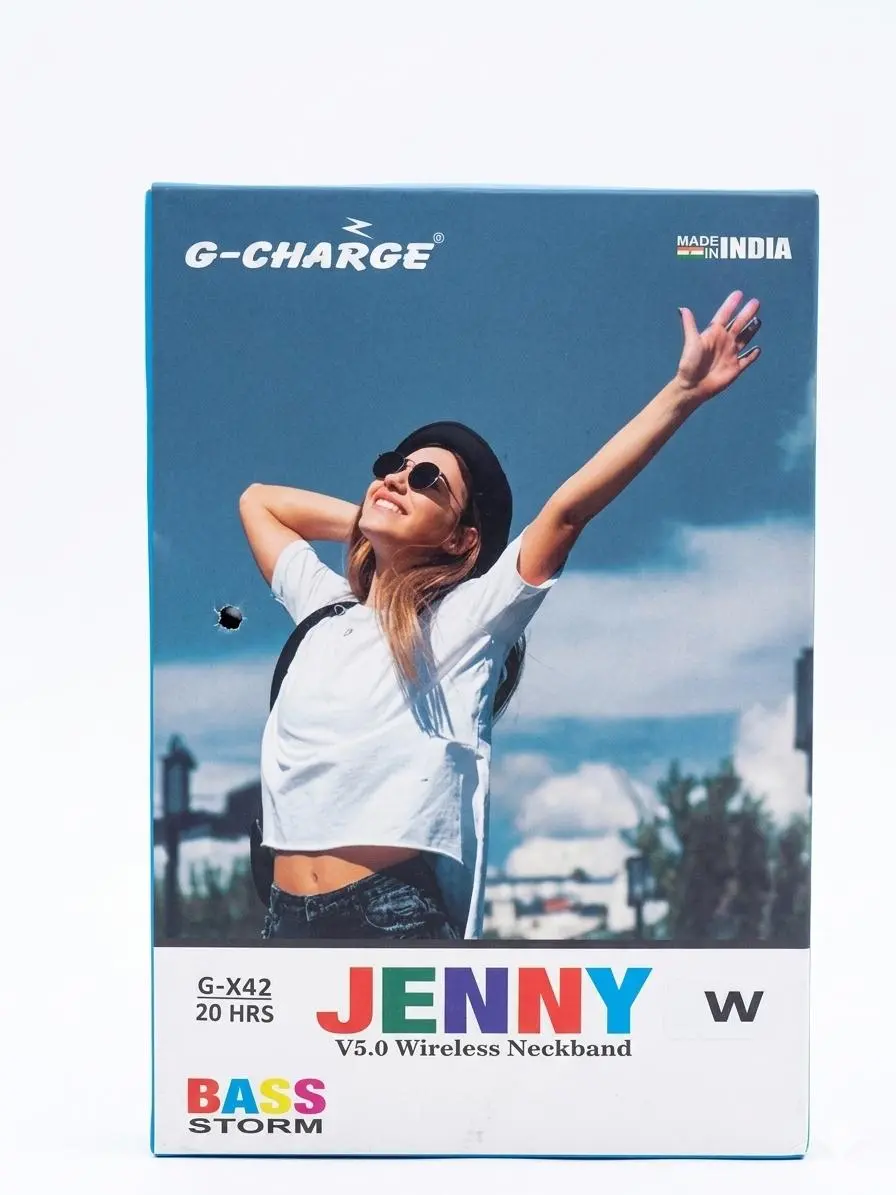 G-CHARGE JENNY V5.0 Wireless Neckband – Product Highlights 🎧 Stylish and lightweight wireless neckband design.