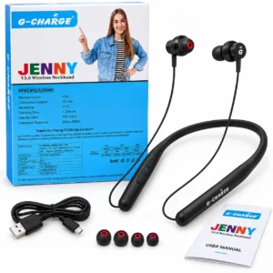 G-CHARGE JENNY V5.0 Wireless Neckband – Product Highlights 🎧 Stylish and lightweight wireless neckband design.