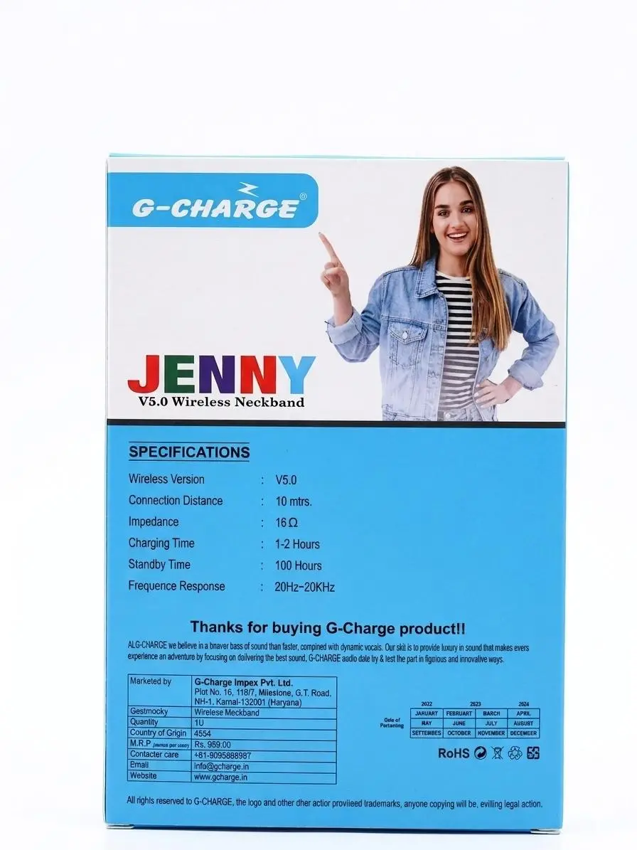G-CHARGE JENNY V5.0 Wireless Neckband – Product Highlights 🎧 Stylish and lightweight wireless neckband design.
