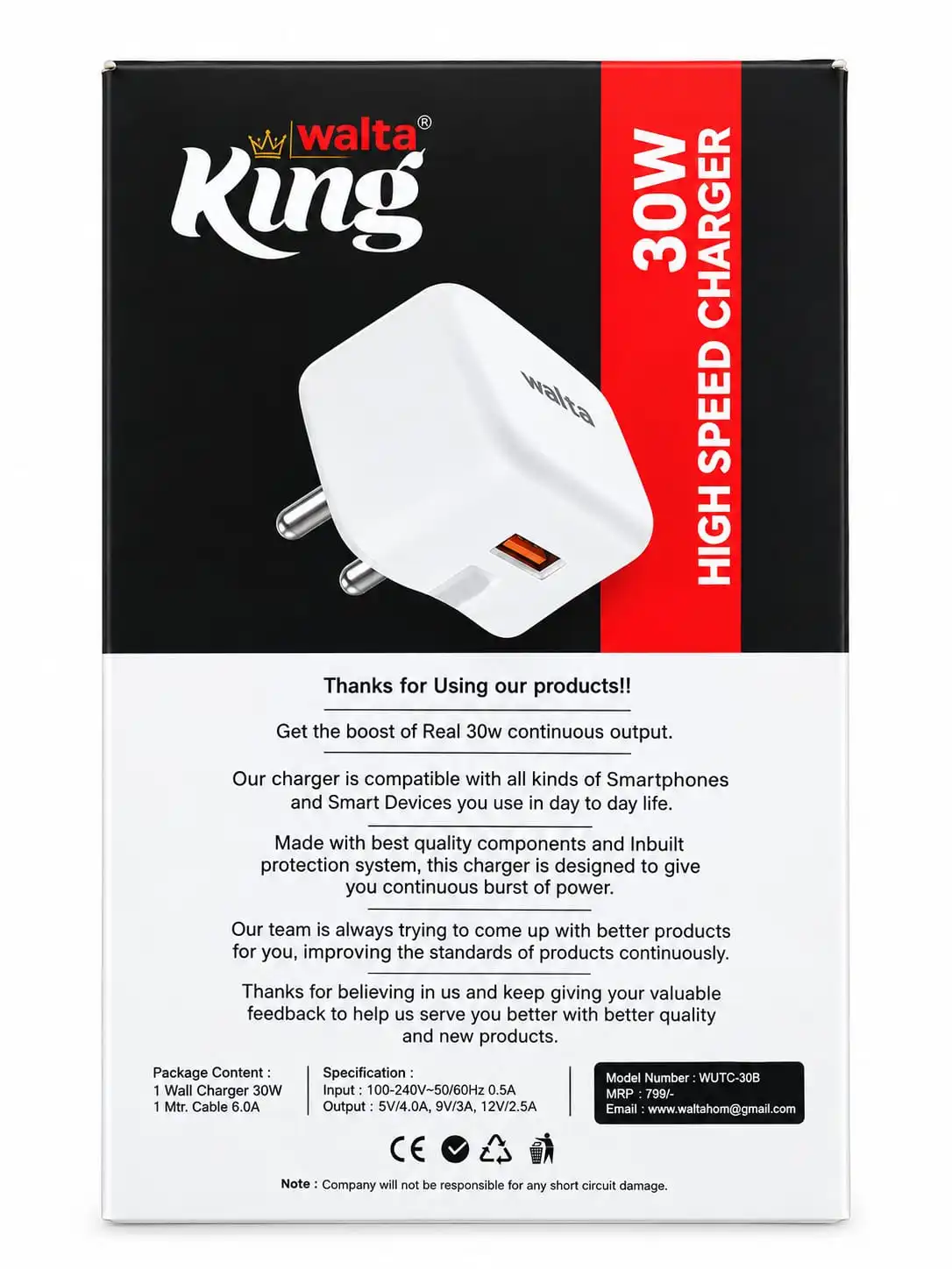 WALTA Charge King 30W High Speed Charger offers a compact and convenient charging solution for compatible devices. Its 30W power output and portable design make it suitable for everyday use at home, office or while travelling.