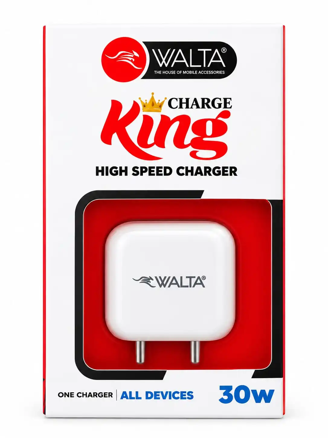 WALTA Charge King 30W High Speed Charger offers a compact and convenient charging solution for compatible devices. Its 30W power output and portable design make it suitable for everyday use at home, office or while travelling.