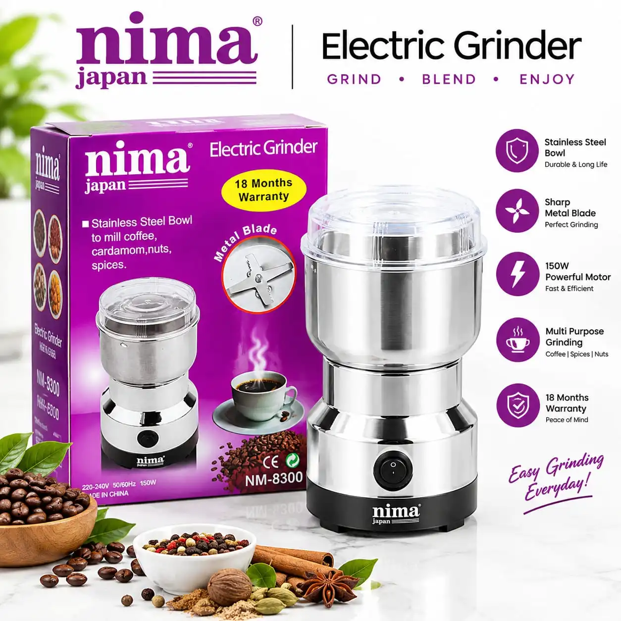 “Nima NM-8300 – Powerful grinding, compact design aur everyday kitchen convenience ek hi grinder mein!”