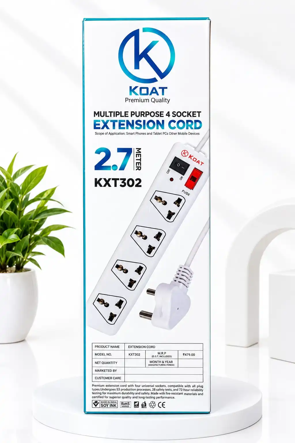 Power More, Reach Further – KOAT 4 Socket Extension Board with 2.7M Long Cord.