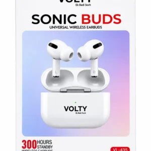 VOLTY Sonic Buds VL-435 are stylish and compact universal wireless earbuds designed for everyday entertainment, music, video streaming, and calling. With a sleek white finish and a modern ergonomic design, these earbuds offer a clean and premium appearance while being easy to carry and use.