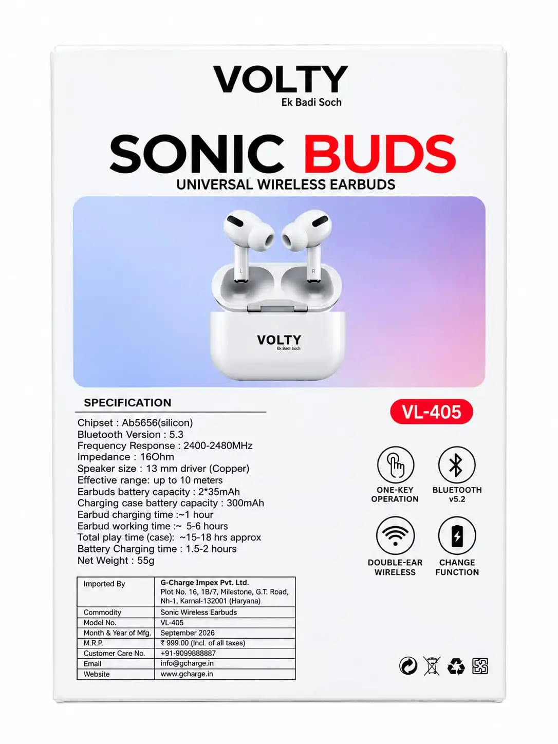 VOLTY Sonic Buds VL-435 are stylish and compact universal wireless earbuds designed for everyday entertainment, music, video streaming, and calling. With a sleek white finish and a modern ergonomic design, these earbuds offer a clean and premium appearance while being easy to carry and use.
