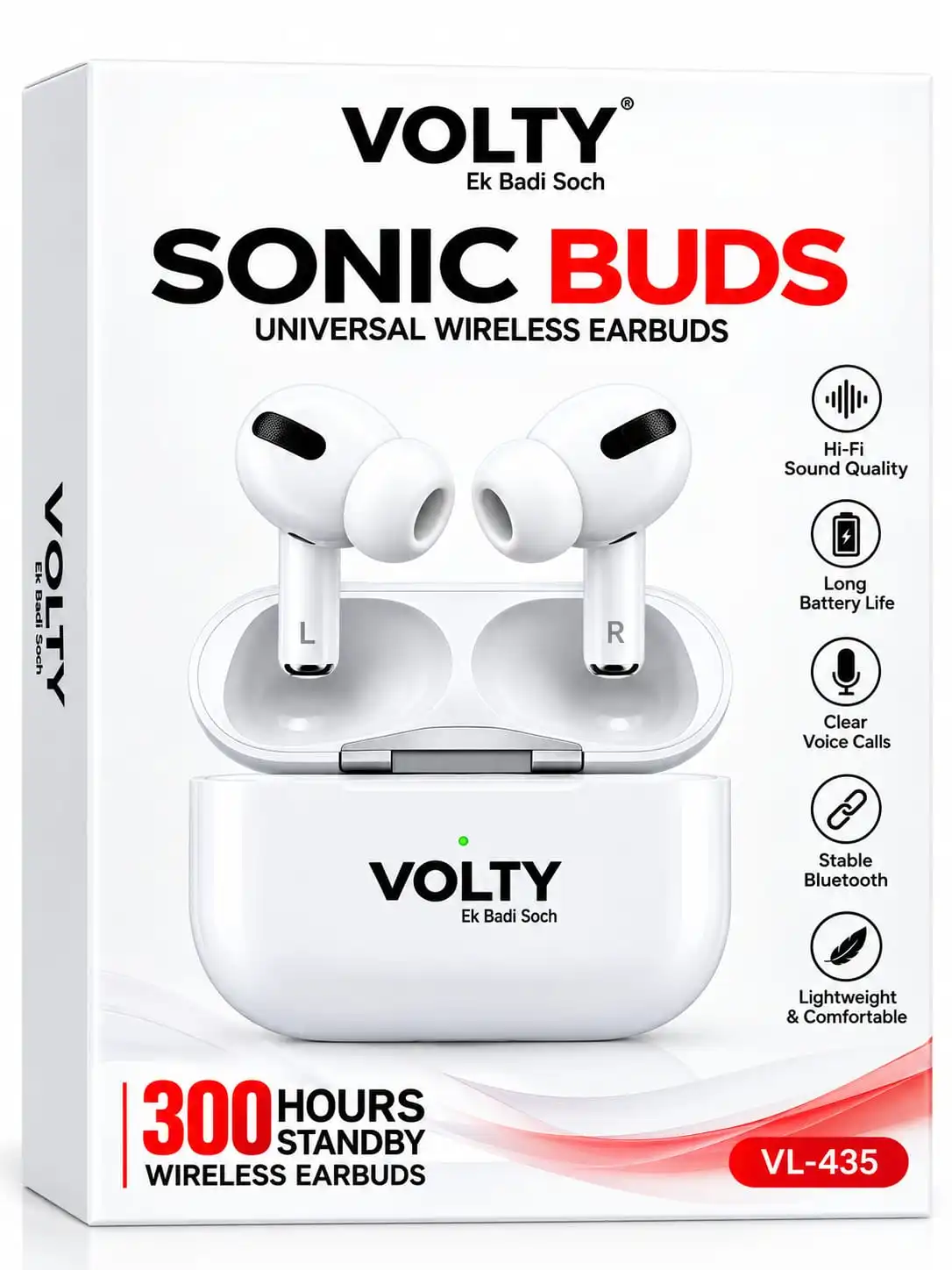 VOLTY Sonic Buds VL-435 are stylish and compact universal wireless earbuds designed for everyday entertainment, music, video streaming, and calling. With a sleek white finish and a modern ergonomic design, these earbuds offer a clean and premium appearance while being easy to carry and use.