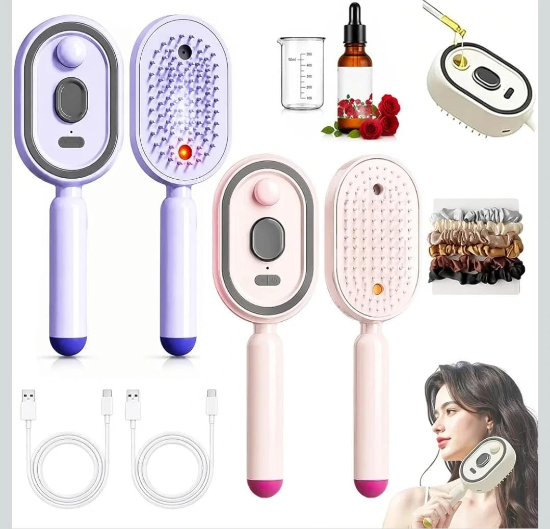 Electric Steam Brush for Hair, 3 in 1 Anti-Static Detangling Comb & Air Cushion Massage, Rechargeable Steam Hair Straightener with Spray, for Frizz & Tangles Control, Nourishes Hairs