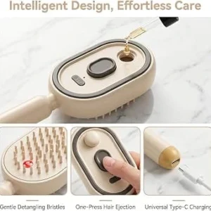 Electric Steam Brush for Hair, 3 in 1 Anti-Static Detangling Comb & Air Cushion Massage, Rechargeable Steam Hair Straightener with Spray, for Frizz & Tangles Control, Nourishes Hairs