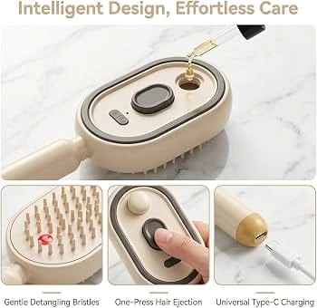 Electric Steam Brush for Hair, 3 in 1 Anti-Static Detangling Comb & Air Cushion Massage, Rechargeable Steam Hair Straightener with Spray, for Frizz & Tangles Control, Nourishes Hairs