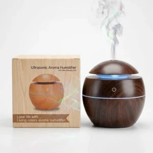 Premium Ultrasonic Aroma Humidifier with Color-Changing LED – Wood Grain Essential Oil Diffuser Combo.