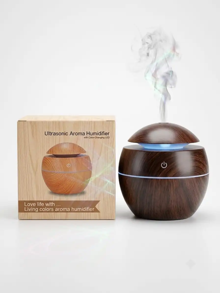 Premium Ultrasonic Aroma Humidifier with Color-Changing LED – Wood Grain Essential Oil Diffuser Combo.