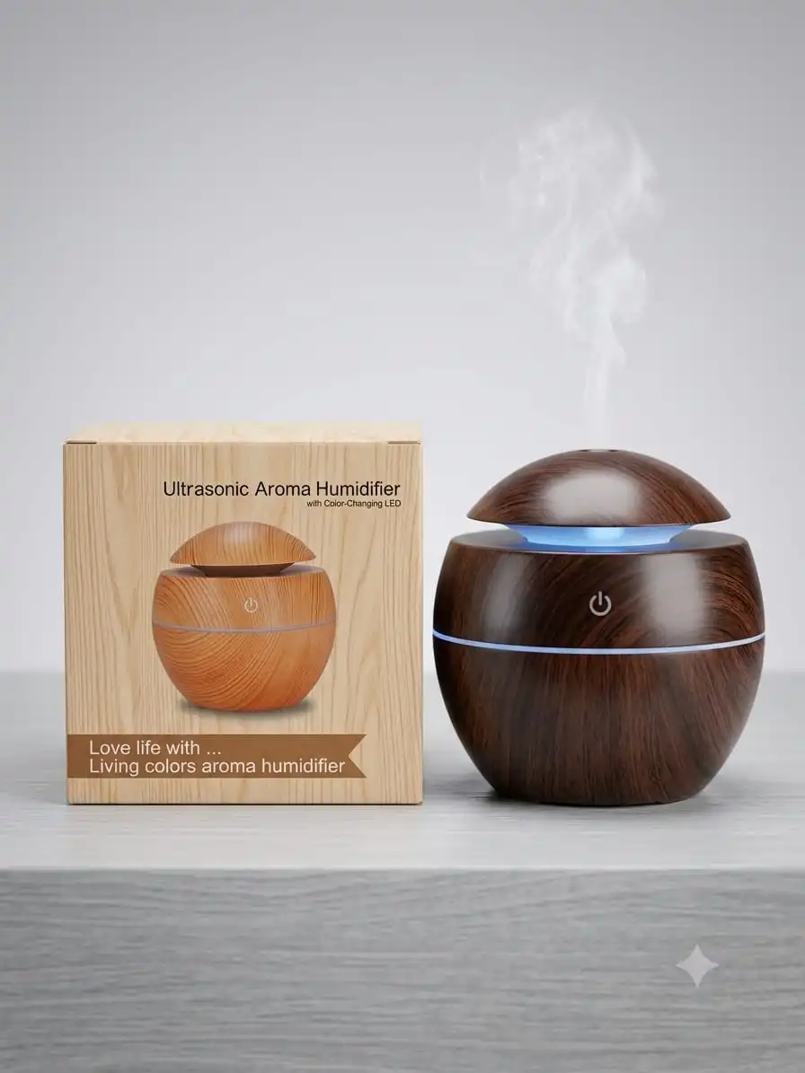 Premium Ultrasonic Aroma Humidifier with Color-Changing LED – Wood Grain Essential Oil Diffuser Combo.