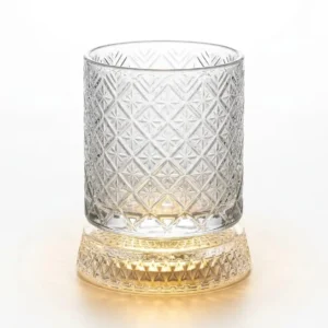 Intricate Crystal-Cut Design: Features a detailed geometric diamond pattern across the glass surface 360° Rotating Feature.