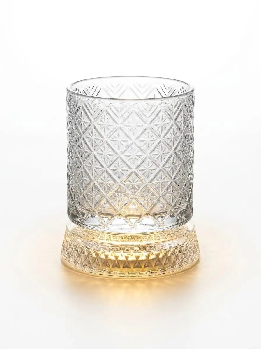 Intricate Crystal-Cut Design: Features a detailed geometric diamond pattern across the glass surface 360° Rotating Feature.