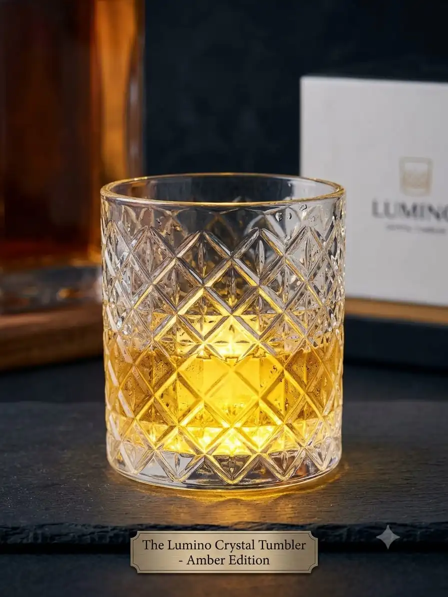 Intricate Crystal-Cut Design: Features a detailed geometric diamond pattern across the glass surface 360° Rotating Feature.