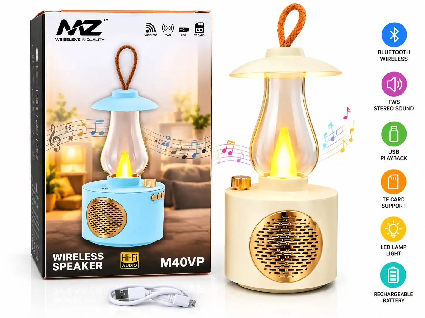 Stylish M40VP Wireless Speaker & LED Lantern with a unique decorative design. Supports Bluetooth Wireless connectivity for convenient music playback.