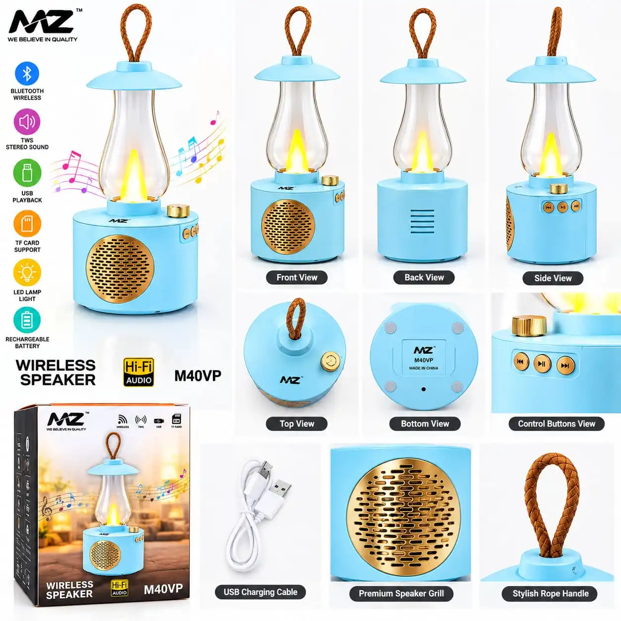 Stylish M40VP Wireless Speaker & LED Lantern with a unique decorative design. Supports Bluetooth Wireless connectivity for convenient music playback.