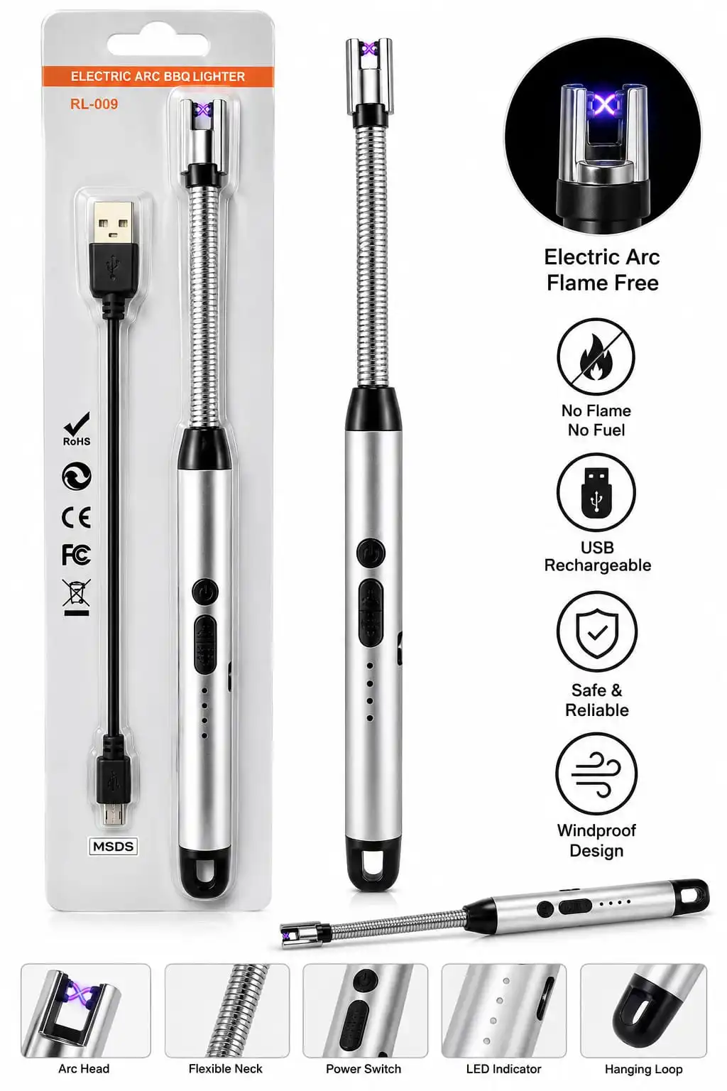 Electric Arc BBQ Lighter with a sleek and modern design. Flexible neck helps reach difficult-to-access areas.