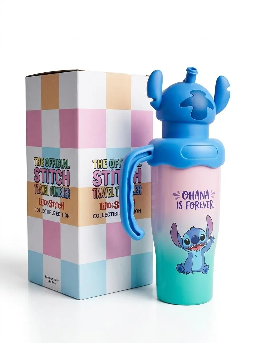 Cute and attractive Stitch-themed water bottle 750ML with a fun cartoon design. Comes with a convenient side handle for easy carrying.