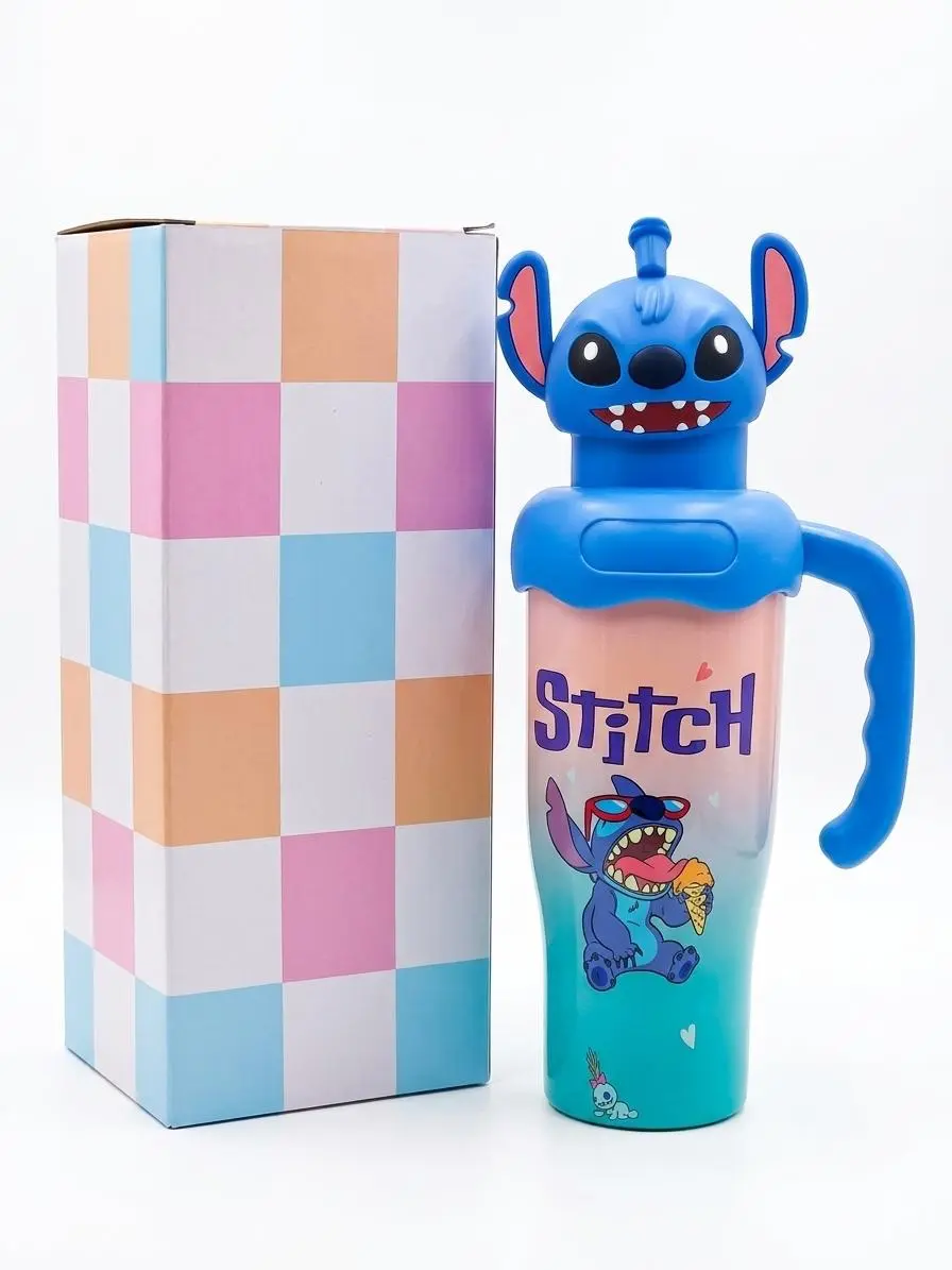 Cute and attractive Stitch-themed water bottle 750ML with a fun cartoon design. Comes with a convenient side handle for easy carrying.