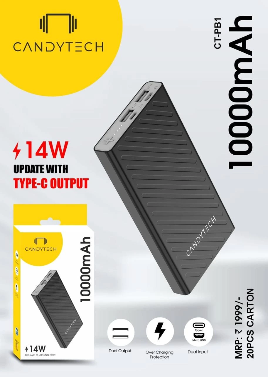 CandyTech CT-PB1 10000mAh Power Bank is a compact and durable portable charger designed for convenient everyday charging.