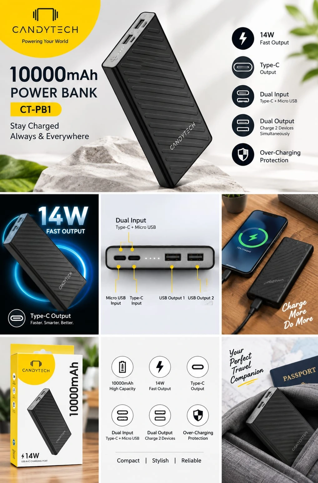 CandyTech CT-PB1 10000mAh Power Bank is a compact and durable portable charger designed for convenient everyday charging.