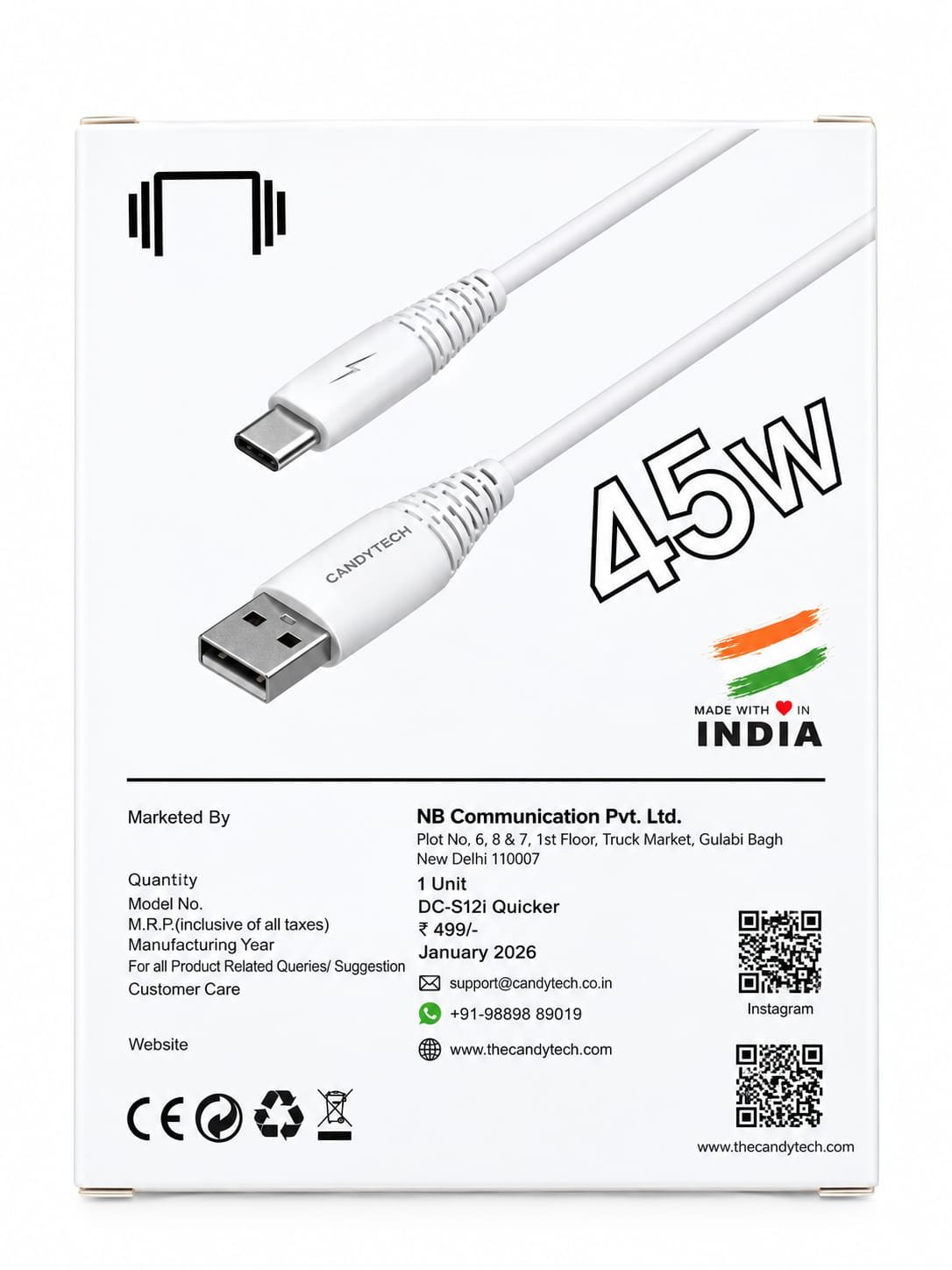 Candytech Quicker 45W Type-C Data Cable - (6 MONTH WARRENTY )