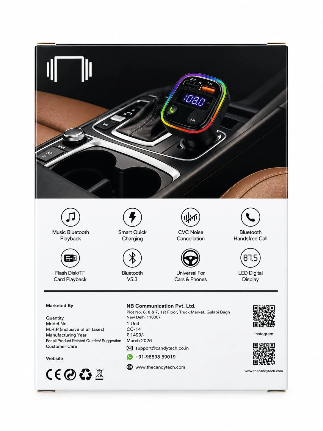 Candytech 65W Car Wireless FM Transmitter combines charging and wireless audio functionality in one compact device. Its digital display helps monitor the car power status,