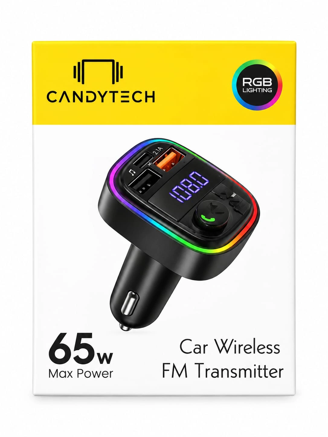 Candytech 65W Car Wireless FM Transmitter combines charging and wireless audio functionality in one compact device. Its digital display helps monitor the car power status,