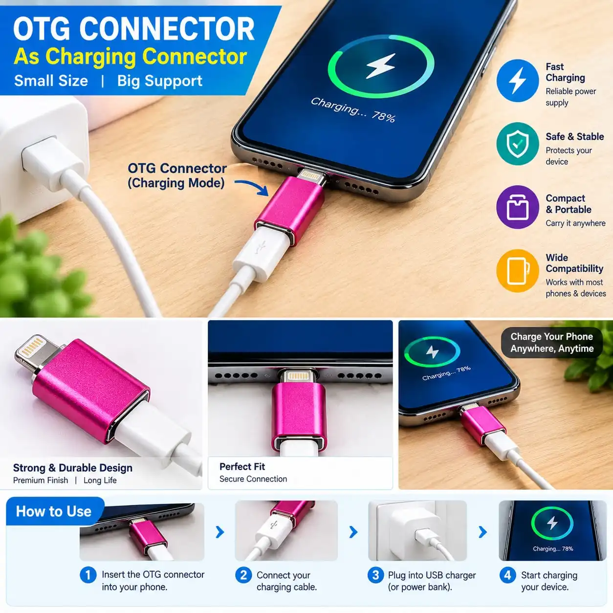 This compact Charging Connector is designed to provide convenient connectivity between a compatible smartphone and charging cable.