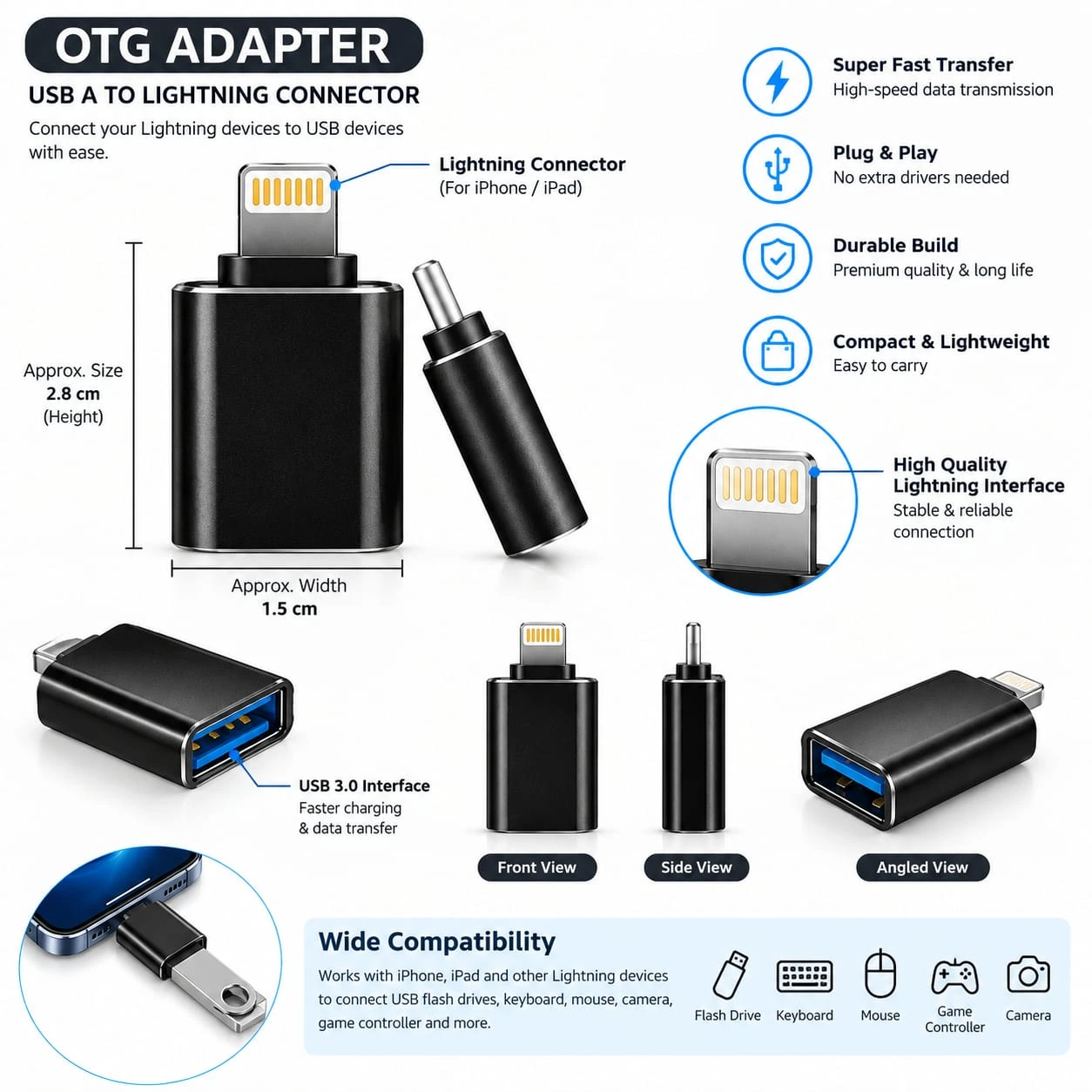 USB A to Lightning OTG Adapter is a compact and durable accessory designed to connect USB devices with Lightning-enabled devices. Its lightweight metal body makes it easy to carry and suitable for everyday use.