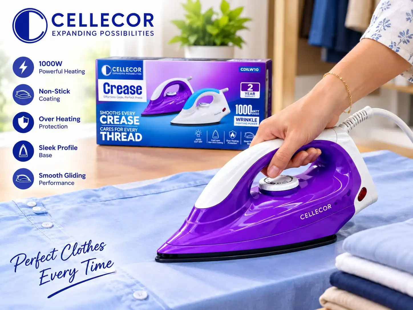Cellecor Iron 1000W Powerful Heating: Efficient heating for everyday ironing.(1 year warranty ).