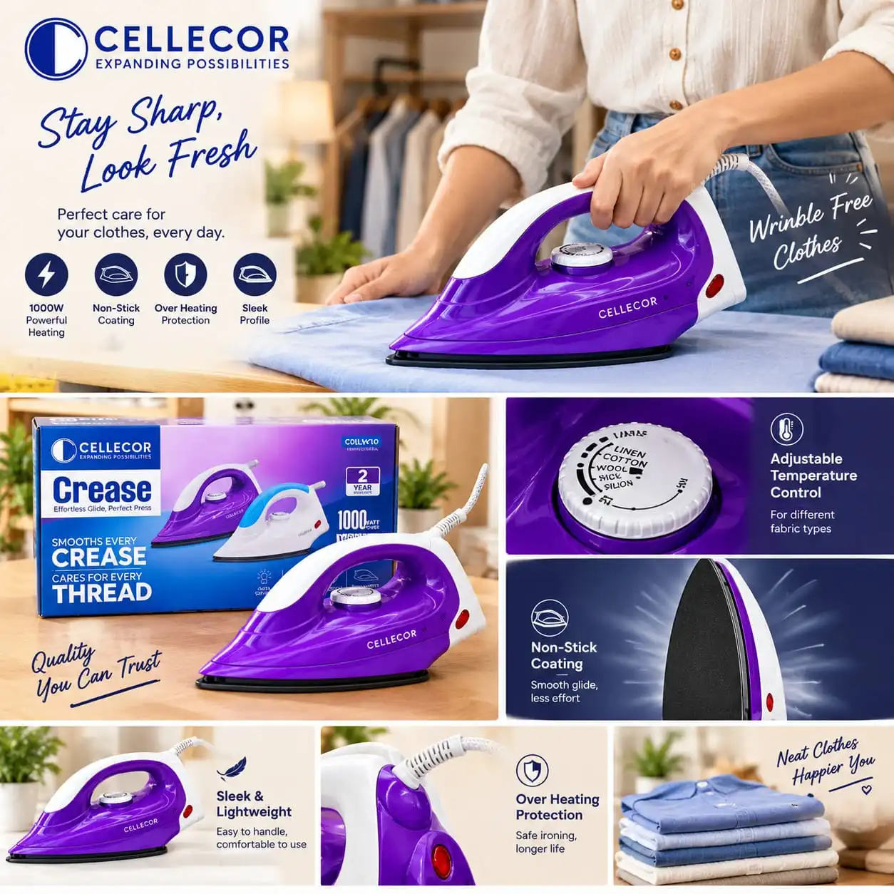 Cellecor Iron 1000W Powerful Heating: Efficient heating for everyday ironing.(1 year warranty ).