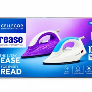 Cellecor Iron 1000W Powerful Heating: Efficient heating for everyday ironing.(1 year warranty ).