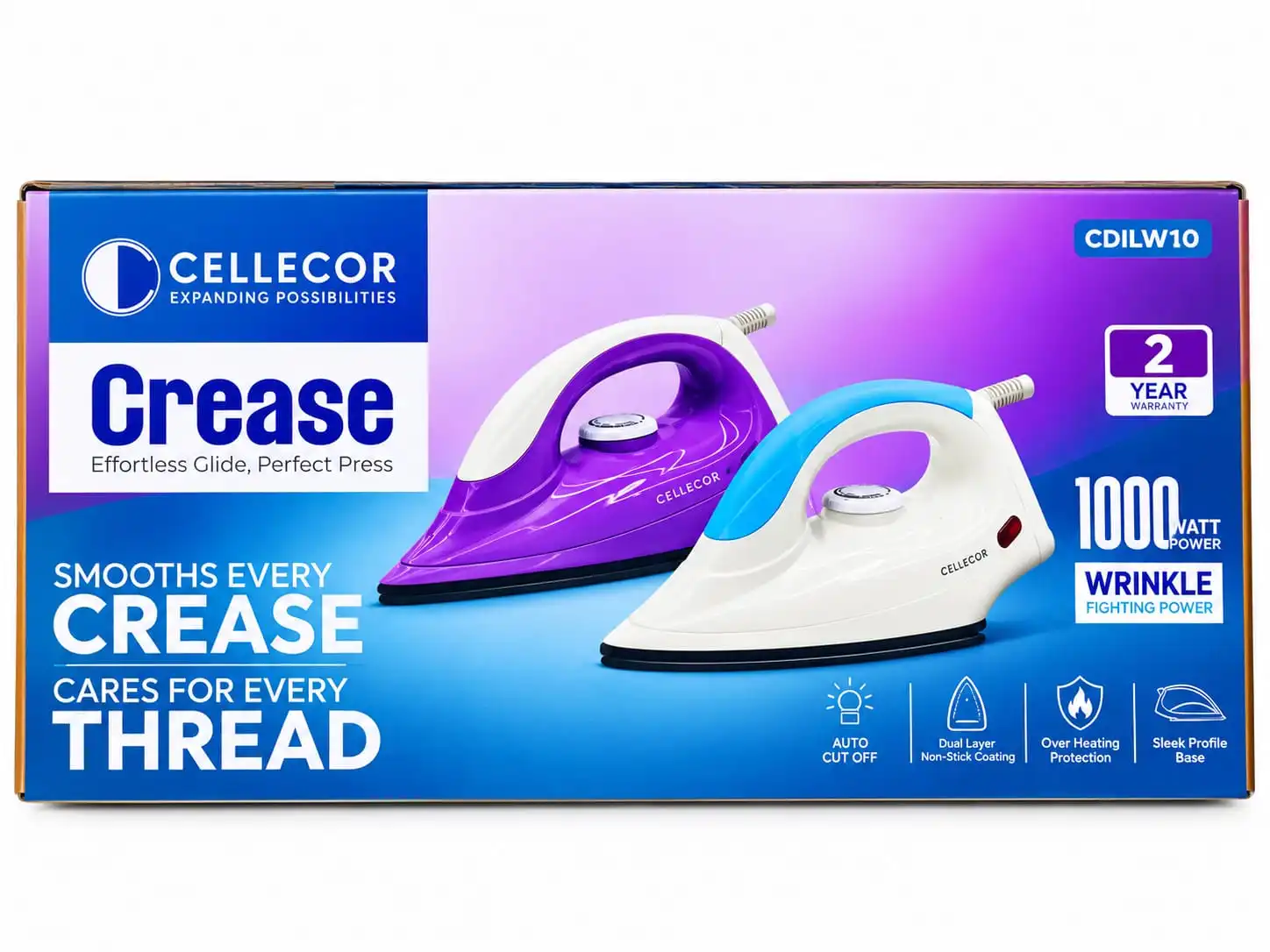 Cellecor Iron 1000W Powerful Heating: Efficient heating for everyday ironing.(1 year warranty ).