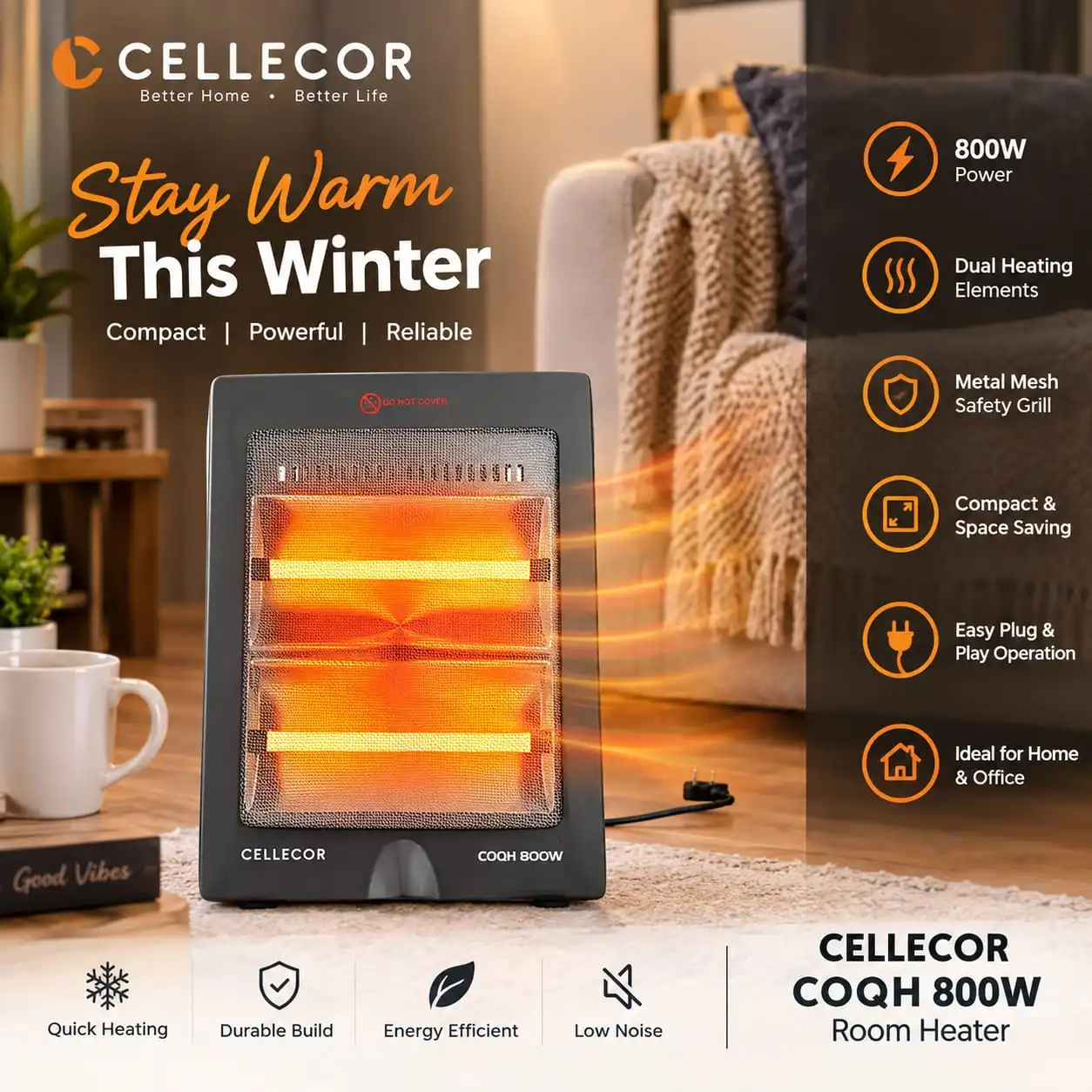 Cellecor COQH 800W Room Heater. 1 year warrenty.