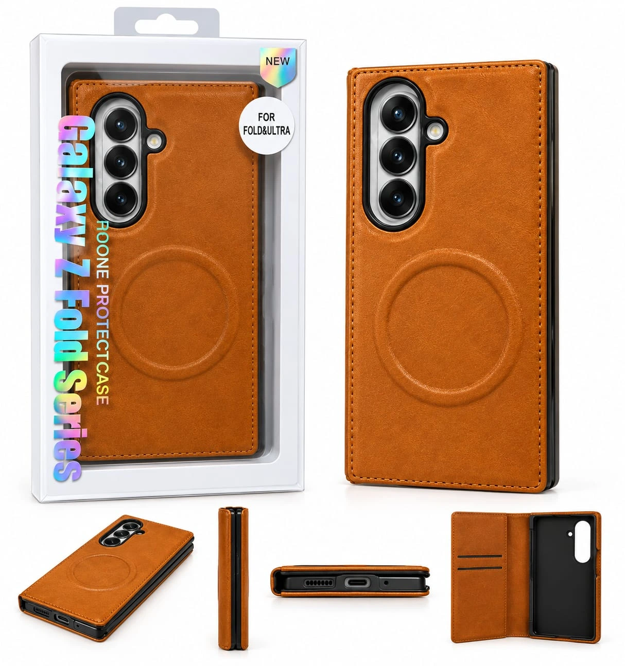 Tan Brown Leather Texture Protective Case for Samsung Galaxy Z Fold Series.