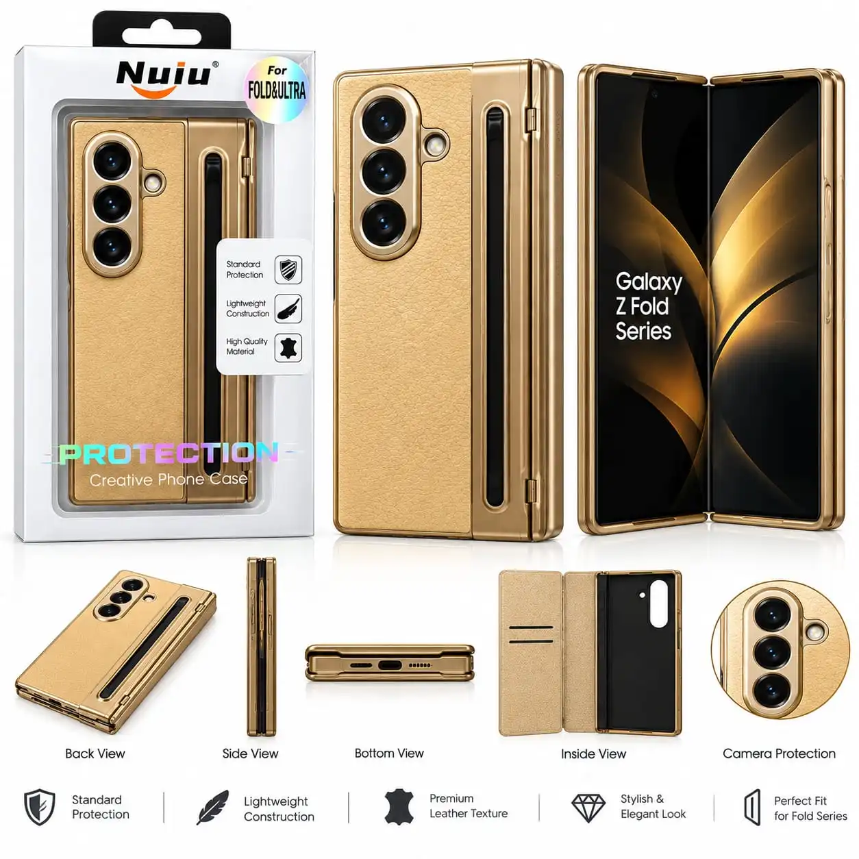 Premium Gold Leather Texture Back Cover for Samsung Galaxy Z Fold Series.