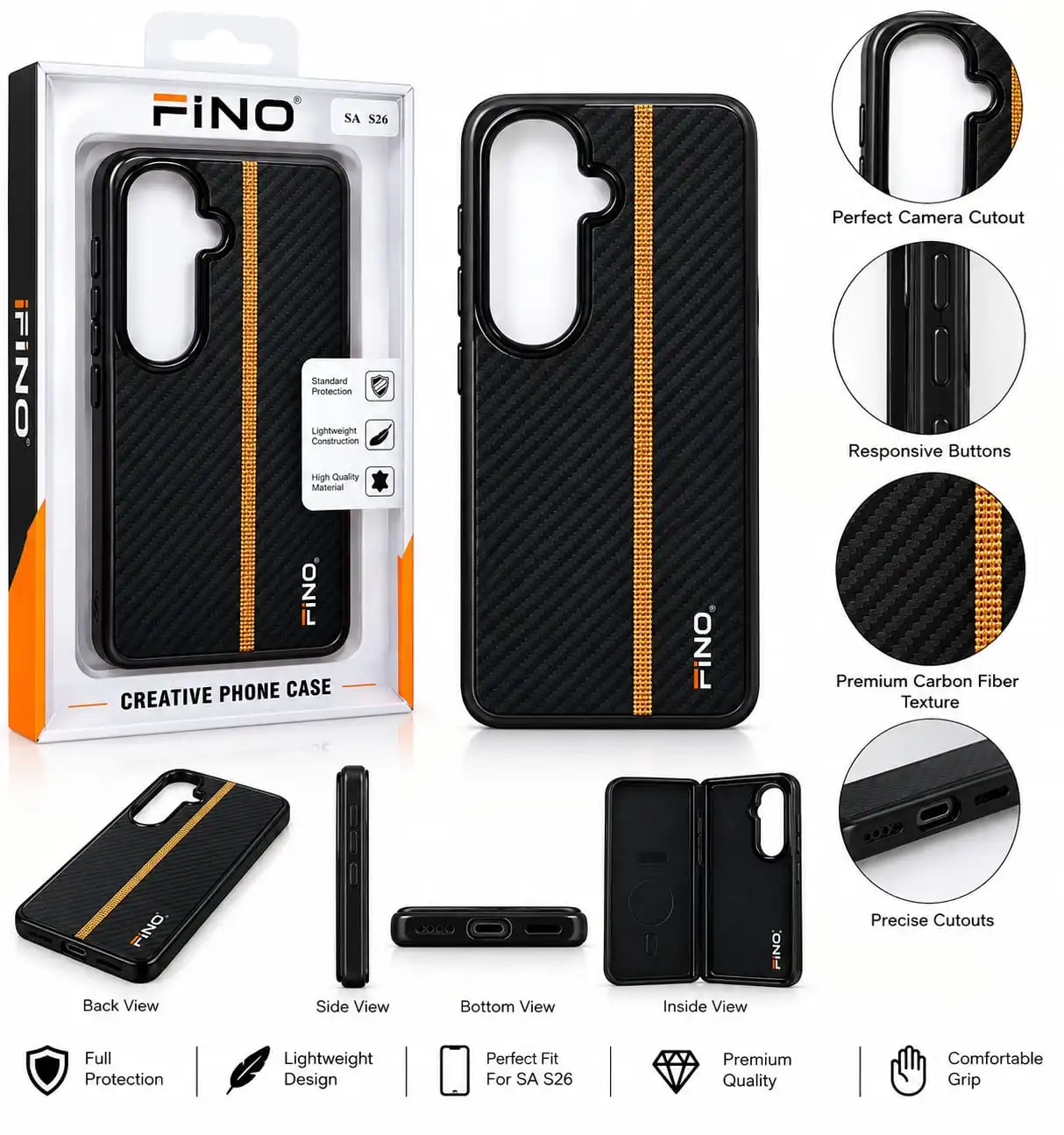 FINO Premium Black & Gold Stylish Back Cover for Samsung S26.