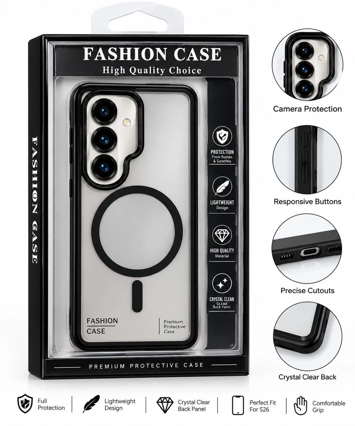 Fashion Case Samsung S26 Crystal Clear Magnetic Back Cover – Black.