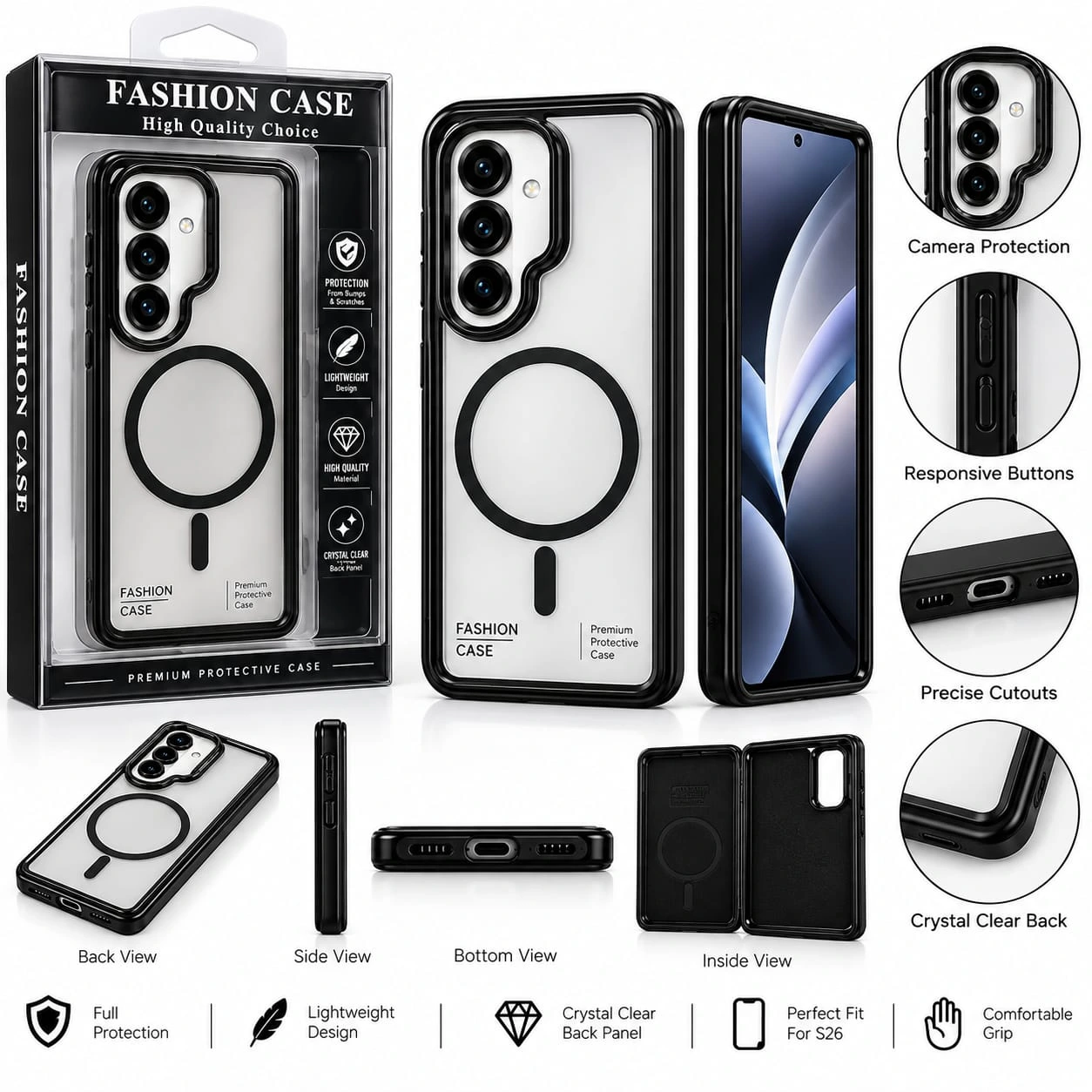 Fashion Case Samsung S26 Crystal Clear Magnetic Back Cover – Black.