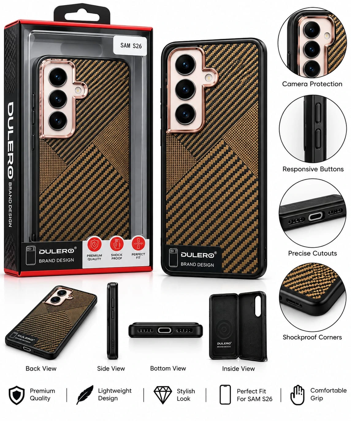 DULERO Premium Designer Back Cover for Samsung Galaxy S26 – Black & Golden.