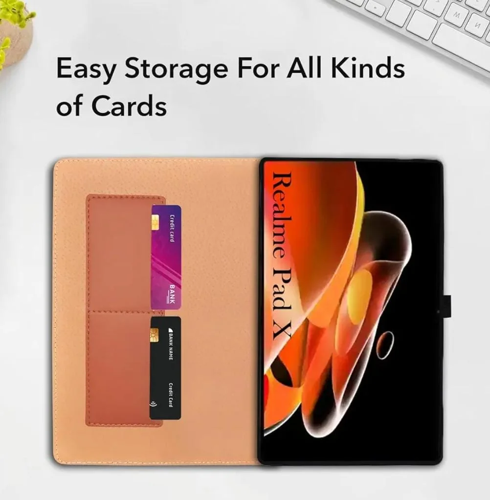 Flip Cover Folio Cover for Realme Pad X 11 Inch RMP2107/P2108 (PU Leather | Multi-Angle Smart Stand | Card Storage Slots | Lather Back Pouch)