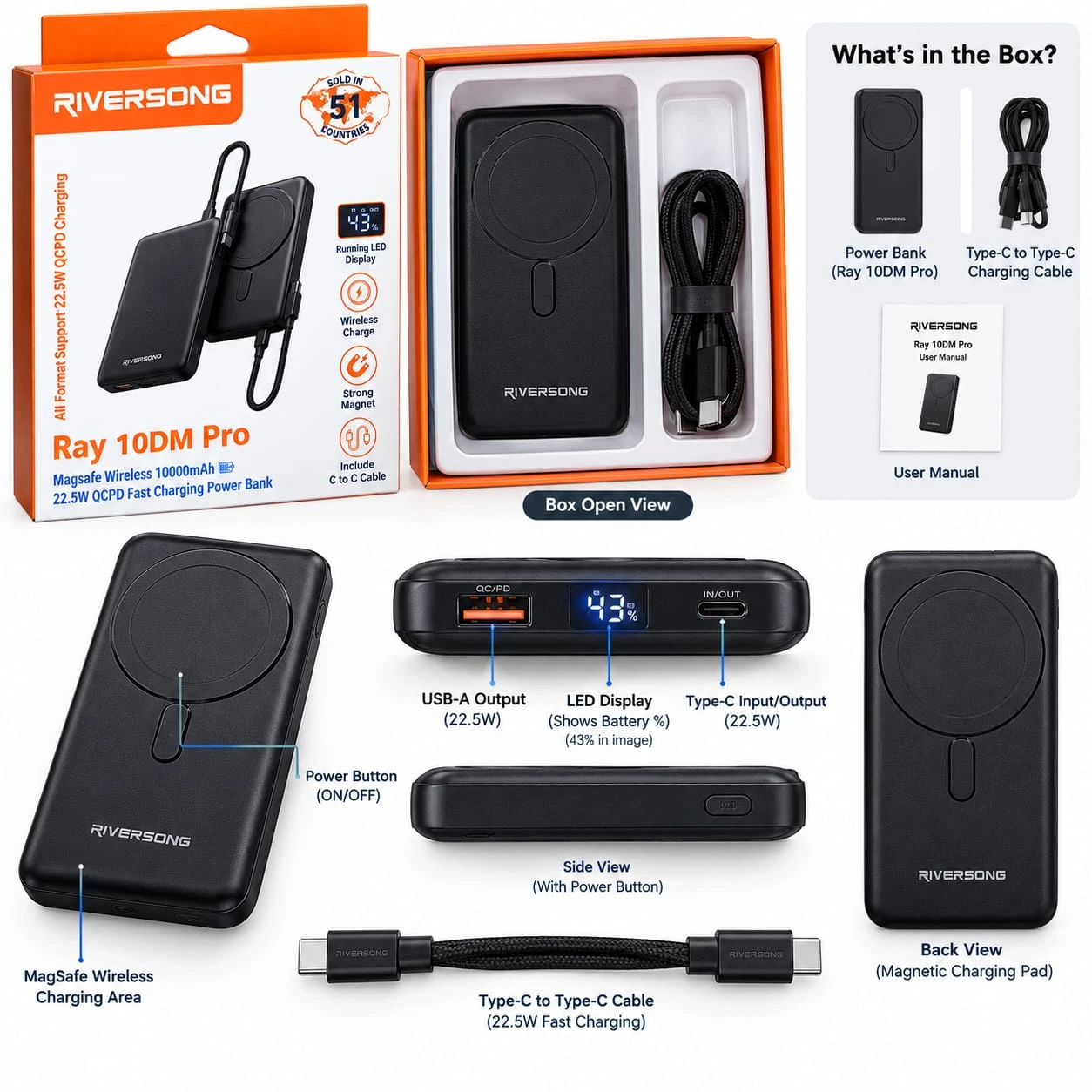 Riversong Ray 10DM Pro MagSafe Wireless Power Bank – 10000mAh, 22.5W Fast Charging.With 1 Year Warrenty.
