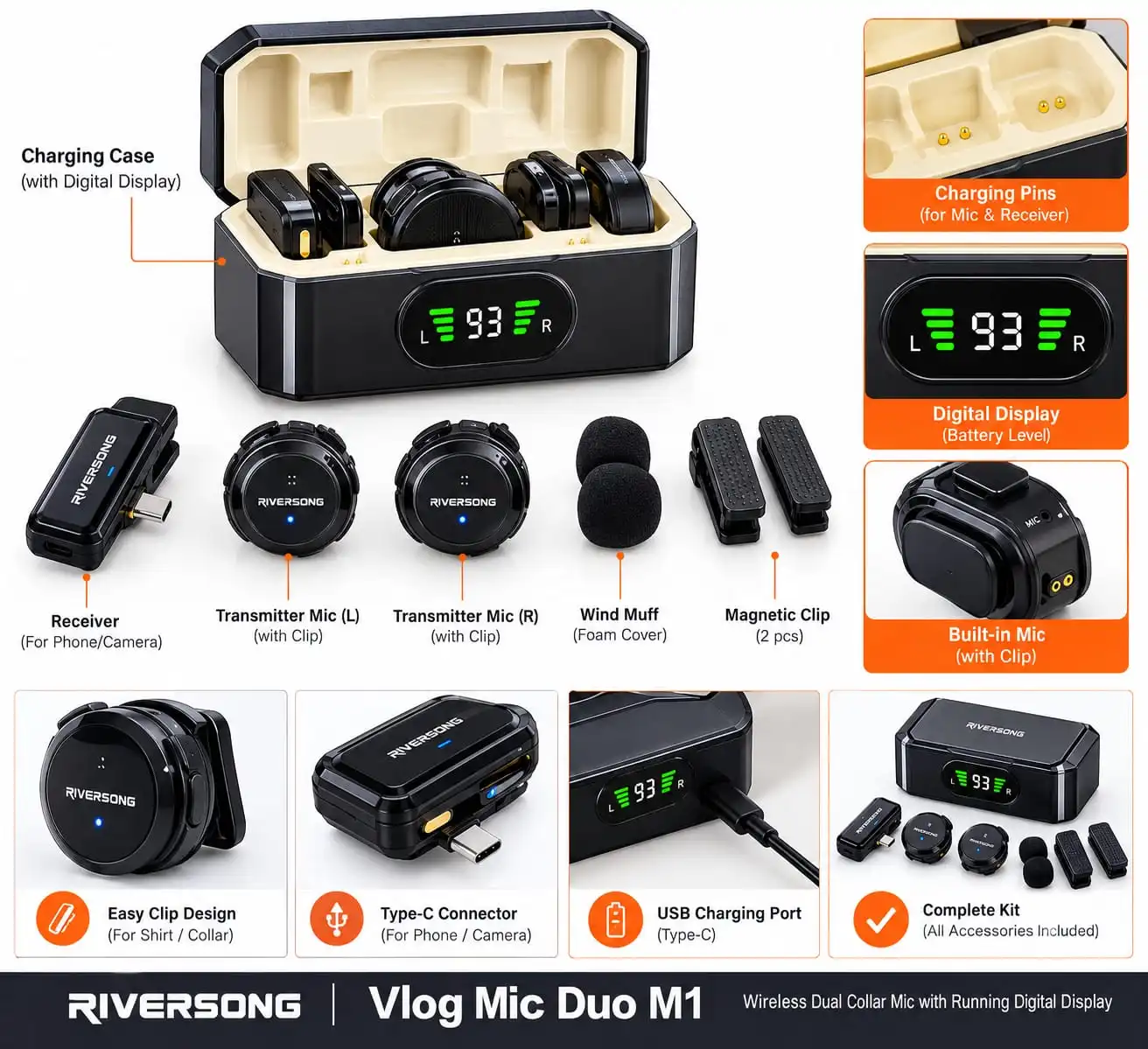 RIVERSONG Vlog Mic Duo M1 – Wireless Dual Collar Microphone. 1 Year Warranty.