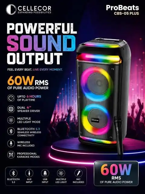 The Cellecor ProBeats Party Speaker delivers powerful and immersive audio with 30W × 2 drivers, providing a total 60W RMS output. Whether you’re enjoying music at home, hosting a party, or singing karaoke with friends,With 1 Year Warranty