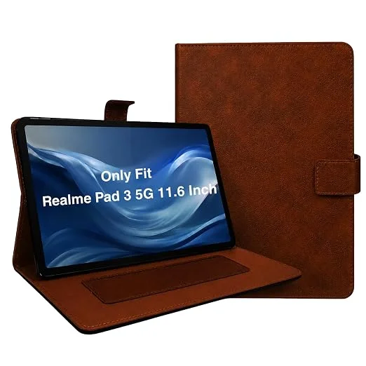 Flip Cover Folio Cover for Realme Pad 3 5G 11.6 Inch (PU Leather | Multi-Angle Smart Stand | Card Storage Slots | Silicone Back Pouch) - Dark Brown